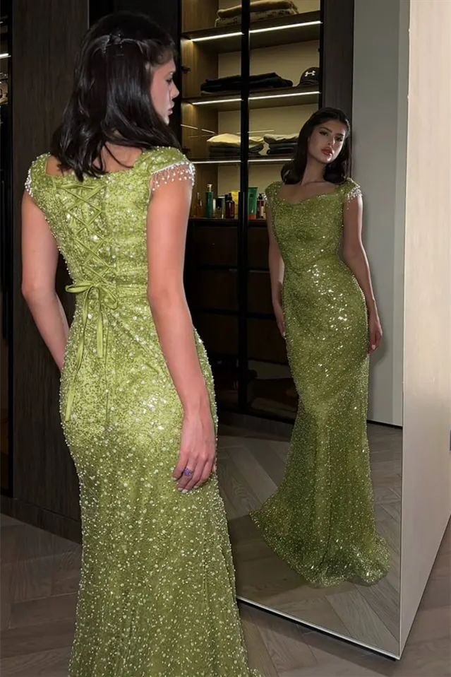 Chic Green Sweetheart Short Sleeves Mermaid Wedding Dresses Floor Length With Lace-Up Back