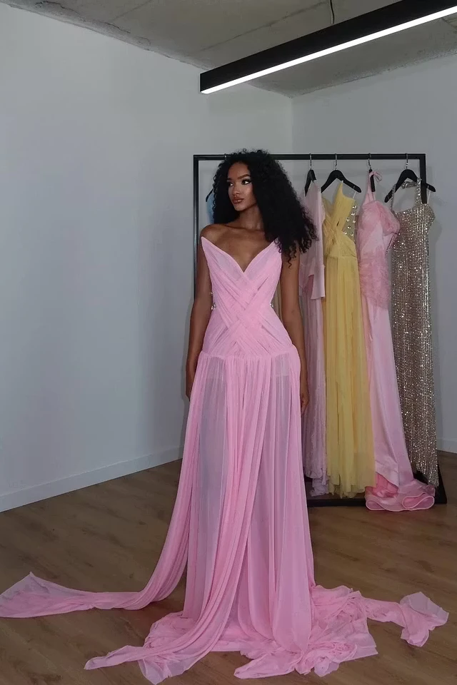 Chic Pink Strapless Sleeveless Chiffon Wedding Dresses Gem Pleats With Lace-Up Back