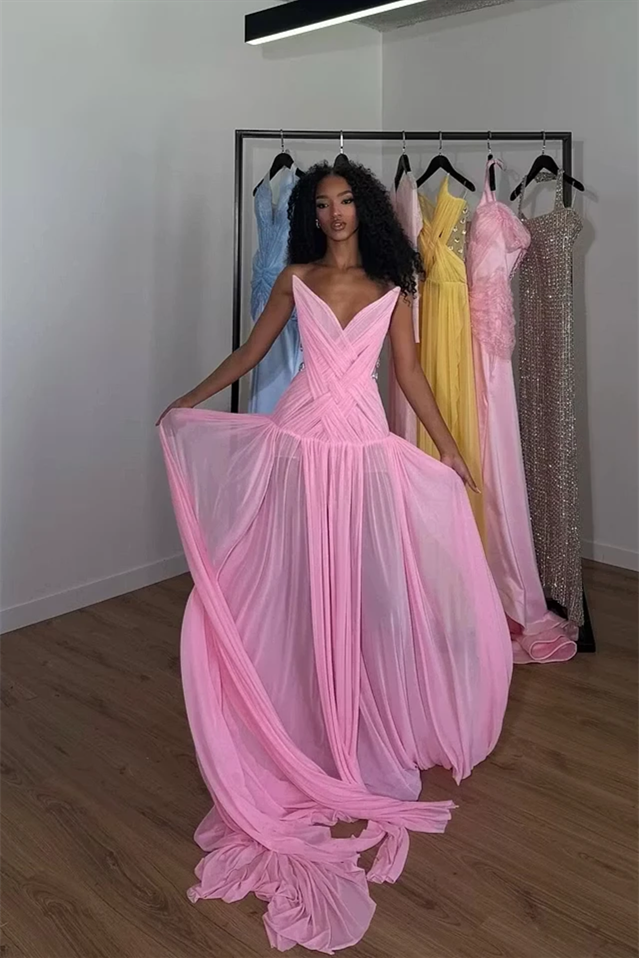 Chic Pink Strapless Sleeveless Chiffon Wedding Dresses Gem Pleats With Lace-Up Back