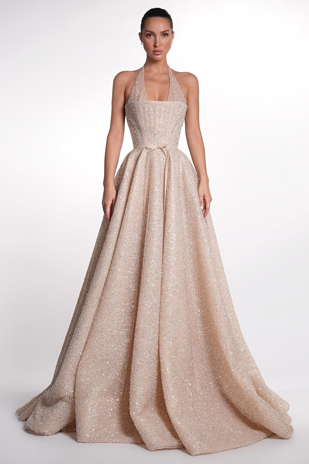 Dazzling Halter Sleeveless A-Line Wedding Dresses Floor Length Beads With Lace-Up Back