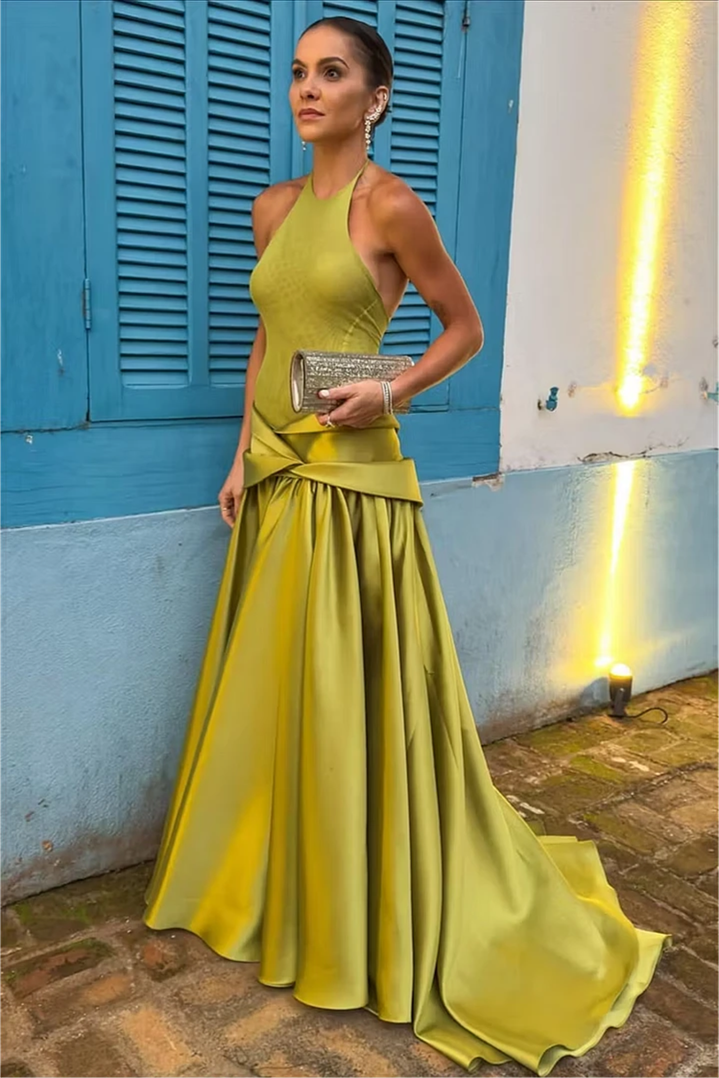 Timeless Dusty Sage Halter Sleeveless Satin Wedding Dresses A-Line With Pleats