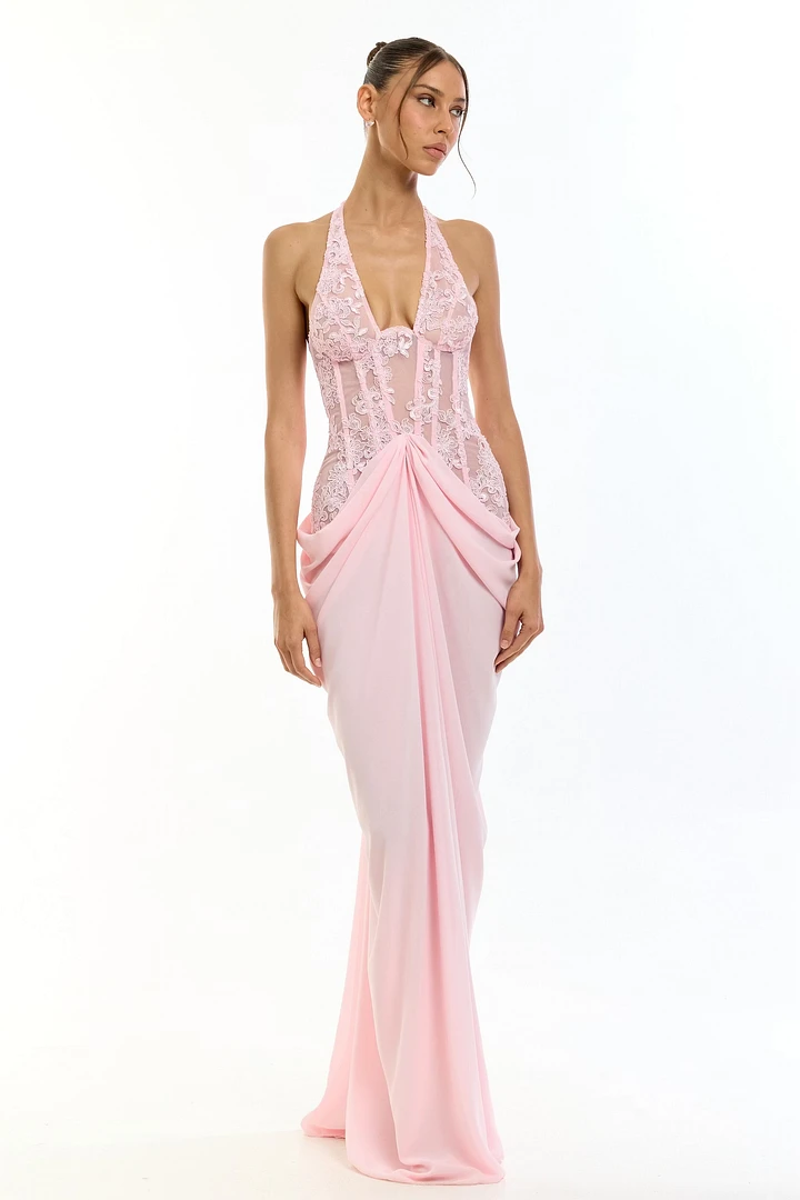 Glamorous Pink Halter Sleeveless Lace Mermaid Wedding Dresses Floor Length With Pleats