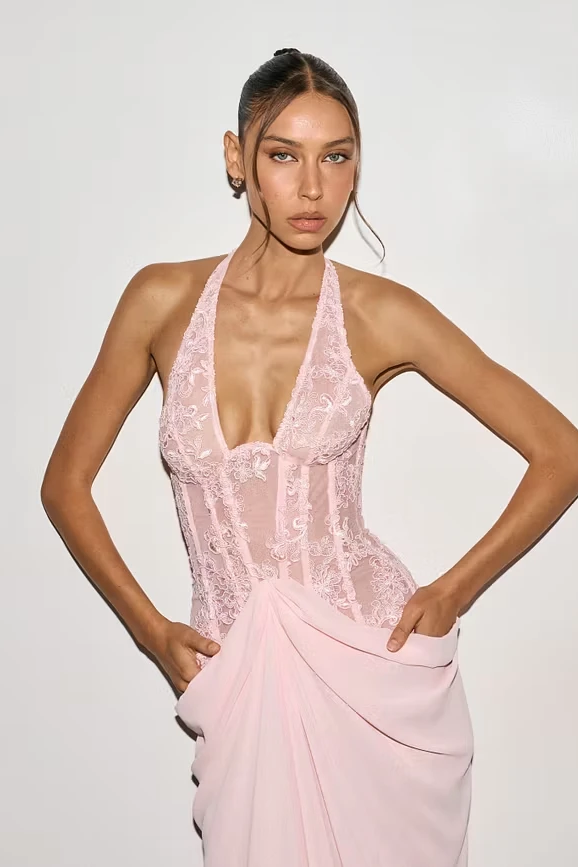 Glamorous Pink Halter Sleeveless Lace Mermaid Wedding Dresses Floor Length With Pleats