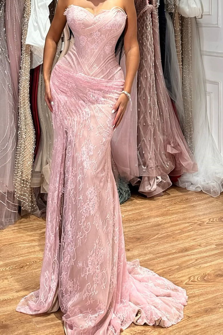 Elegant Pink Strapless Sweetheart Sleeveless Lace Mermaid Wedding Dresses High Split With Pleats