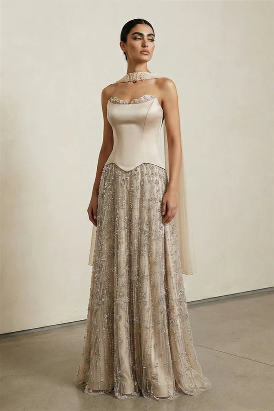 Luxurious Strapless Sleeveless A-Line Wedding Dresses Floor Length Beads With Lace-Up Back