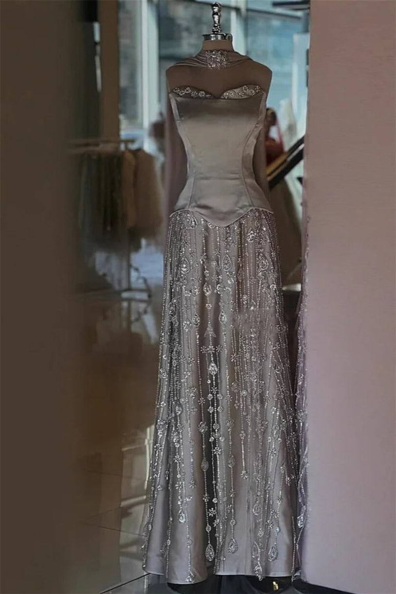 Luxurious Strapless Sleeveless A-Line Wedding Dresses Floor Length Beads With Lace-Up Back