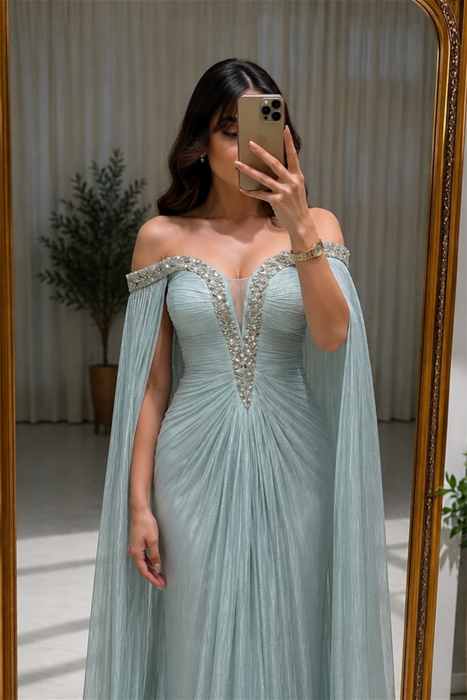 Luxurious Dusty Blue Off The Shoulder Mermaid Wedding Dresses Floor Length With Pleats Ruffles