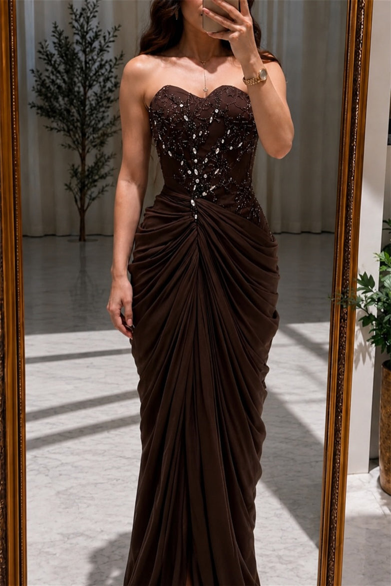 Graceful Brown Sweetheart Strapless Sleeveless Mermaid Wedding Dresses Split Beading With Pleats