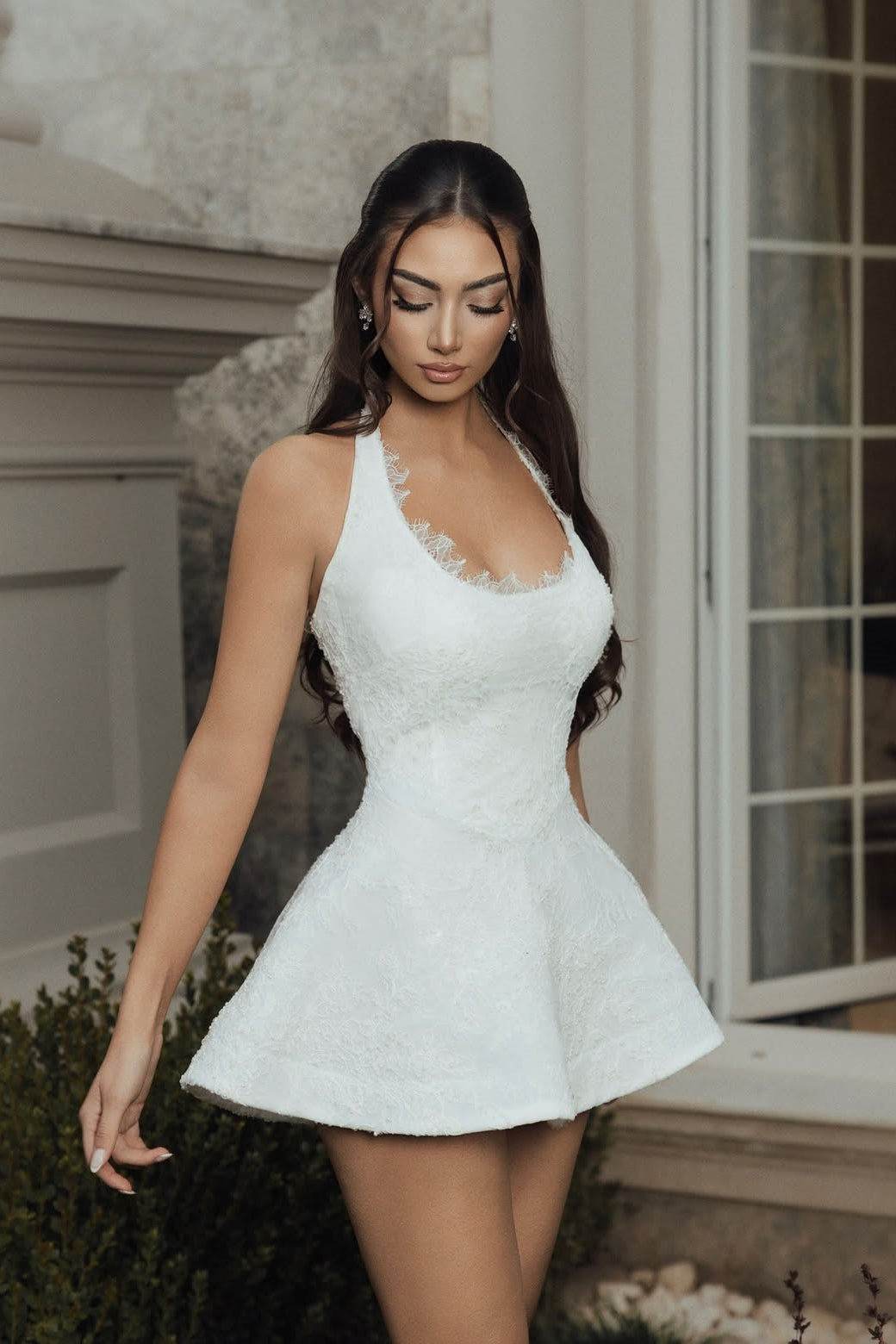Graceful White Halter Sleeveless Satin Lace Mini Homecoming Dresses