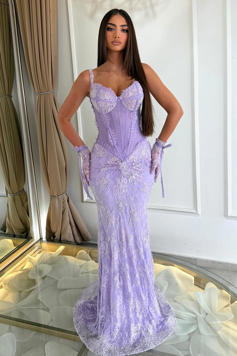 Luxurious Lilac Spaghetti-Straps Sweetheart Sleeveless Lace Wedding Dresses Mermaid With Beading