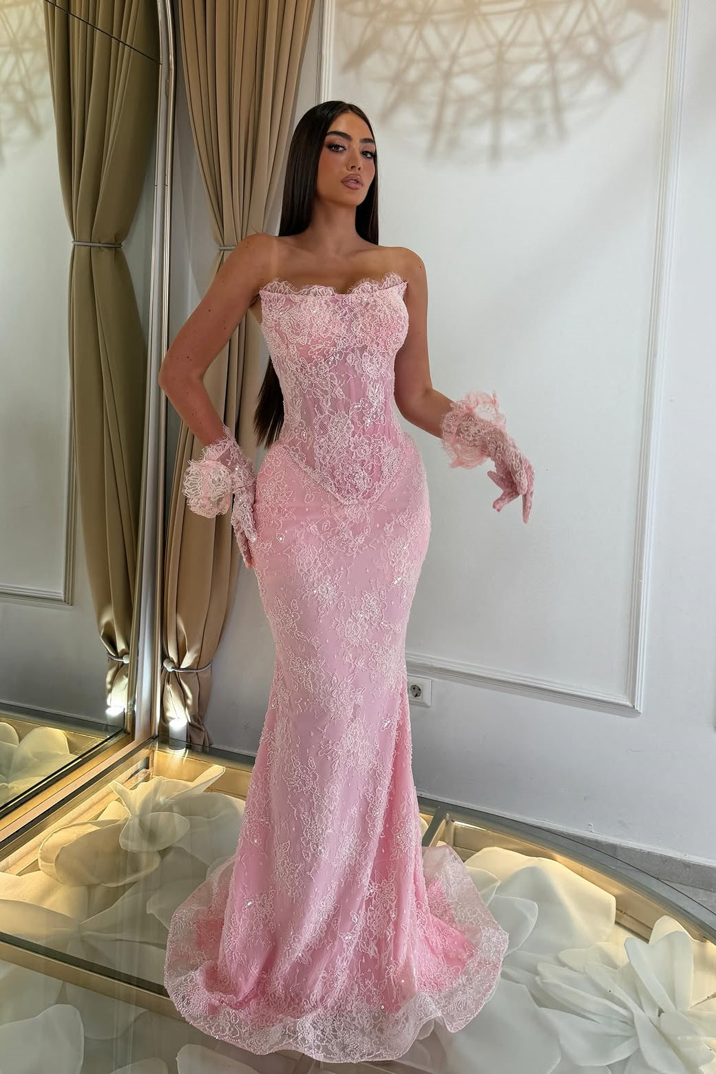 Timeless Dusty Pink Strapless Sleeveless Lace Mermaid Wedding Dresses Column With Beading