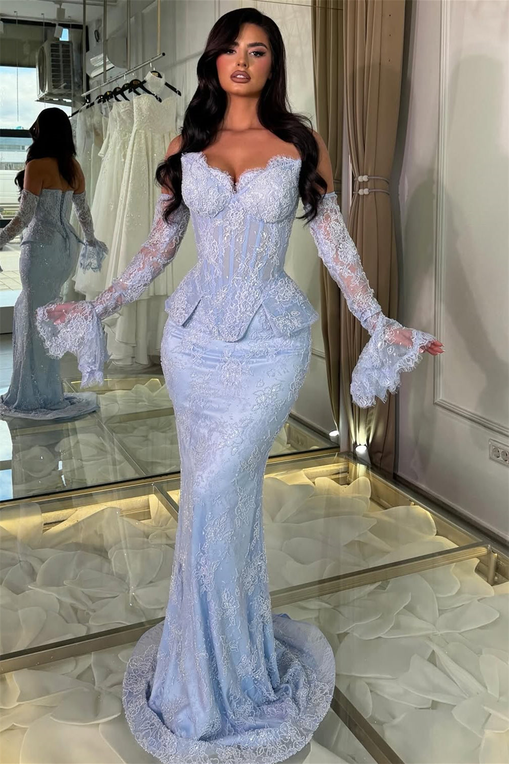Chic Sky Blue Sweetheart Strapless Sleeveless Mermaid Lace Wedding Dresses Column With Pleats