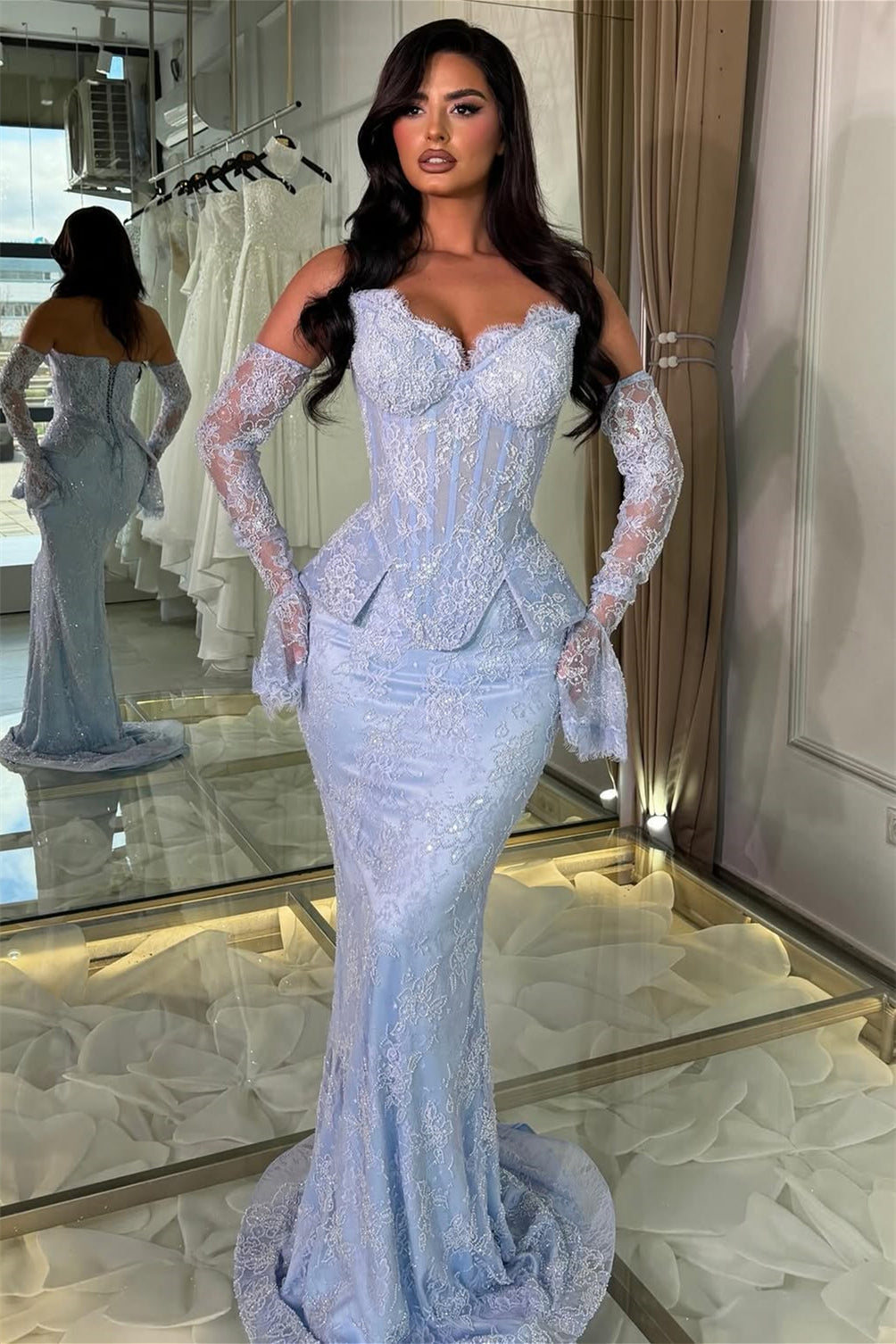 Chic Sky Blue Sweetheart Strapless Sleeveless Mermaid Lace Wedding Dresses Column With Pleats