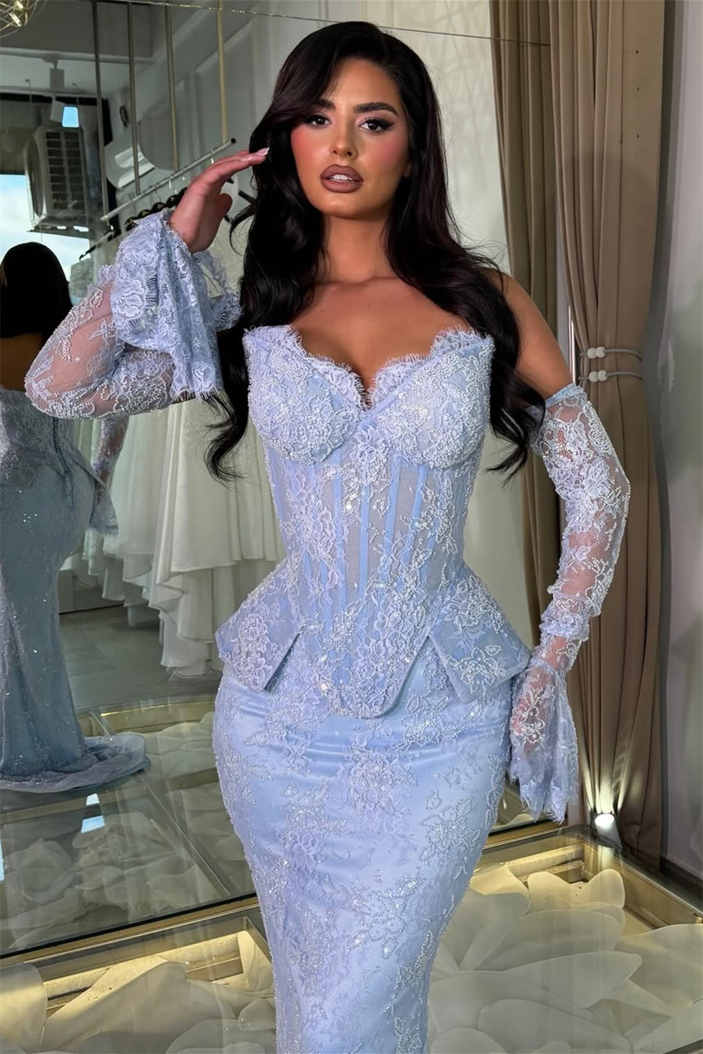 Chic Sky Blue Sweetheart Strapless Sleeveless Mermaid Lace Wedding Dresses Column With Pleats