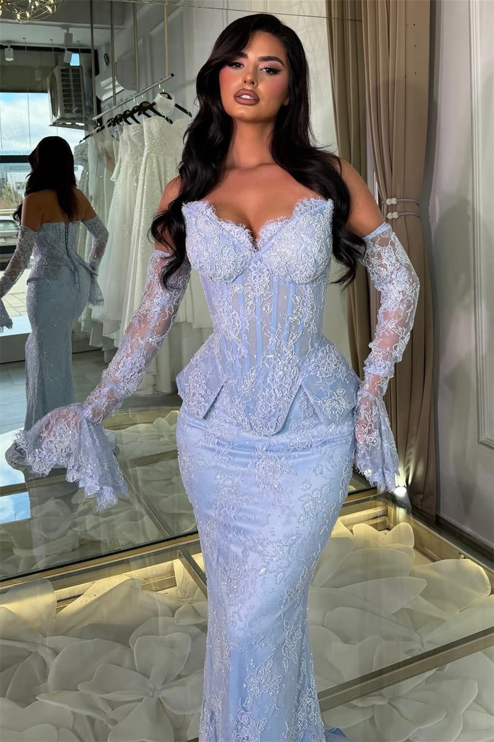Chic Sky Blue Sweetheart Strapless Sleeveless Mermaid Lace Wedding Dresses Column With Pleats