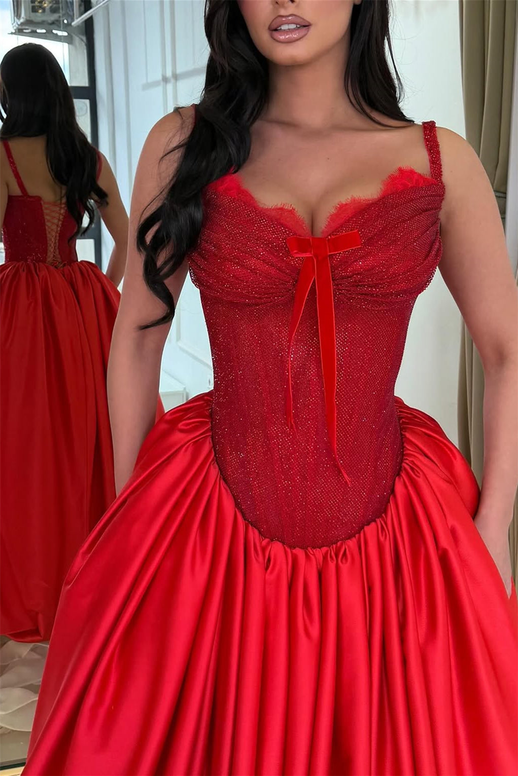 Luxurious Red Sweetheart Spaghetti-Straps Satin Wedding Dresses A-Line With Pocket Lace-Up Back