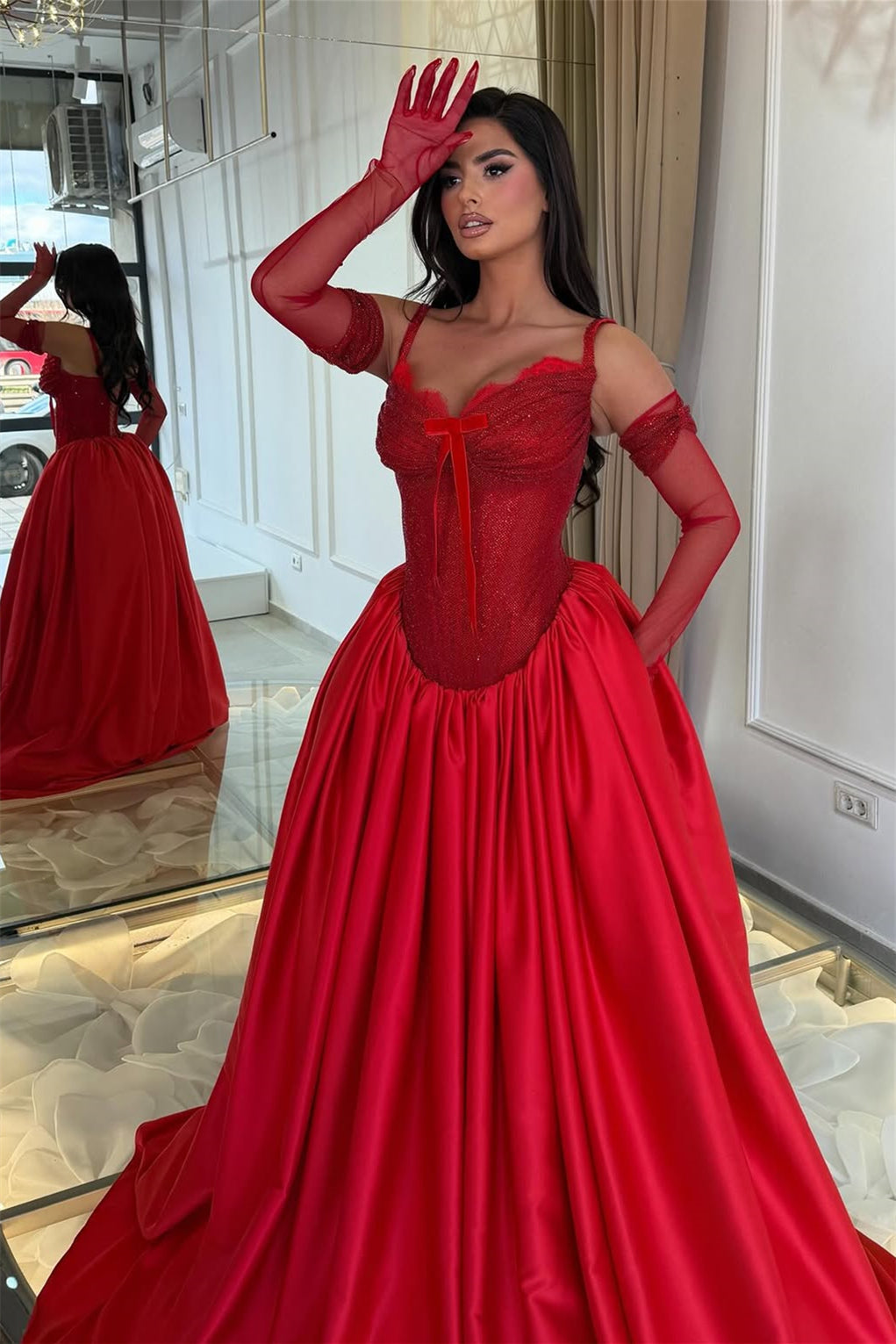 Luxurious Red Sweetheart Spaghetti-Straps Satin Wedding Dresses A-Line With Pocket Lace-Up Back