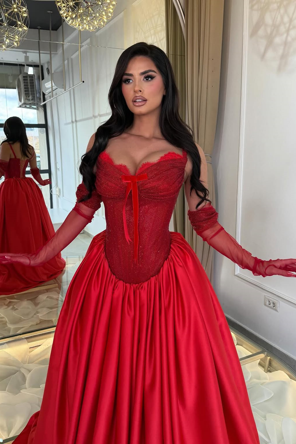 Luxurious Red Sweetheart Spaghetti-Straps Satin Wedding Dresses A-Line With Pocket Lace-Up Back