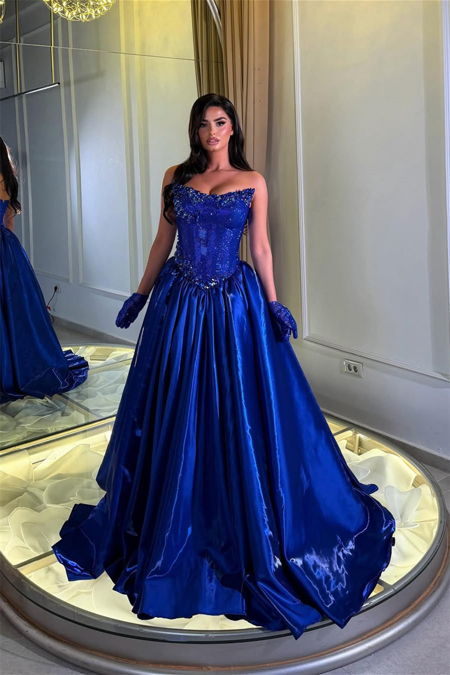 Romantic Royal Blue Strapless Sleeveless Satin Wedding Dresses Gem A-Line With Pleats