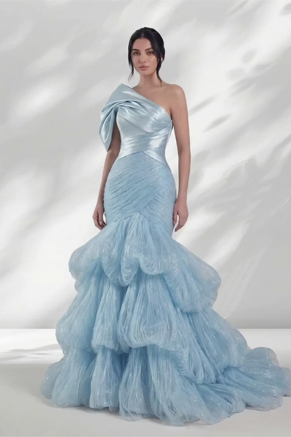 Unique Sky Blue One Shoulder Satin Wedding Dresses Column With Zipper Pleats