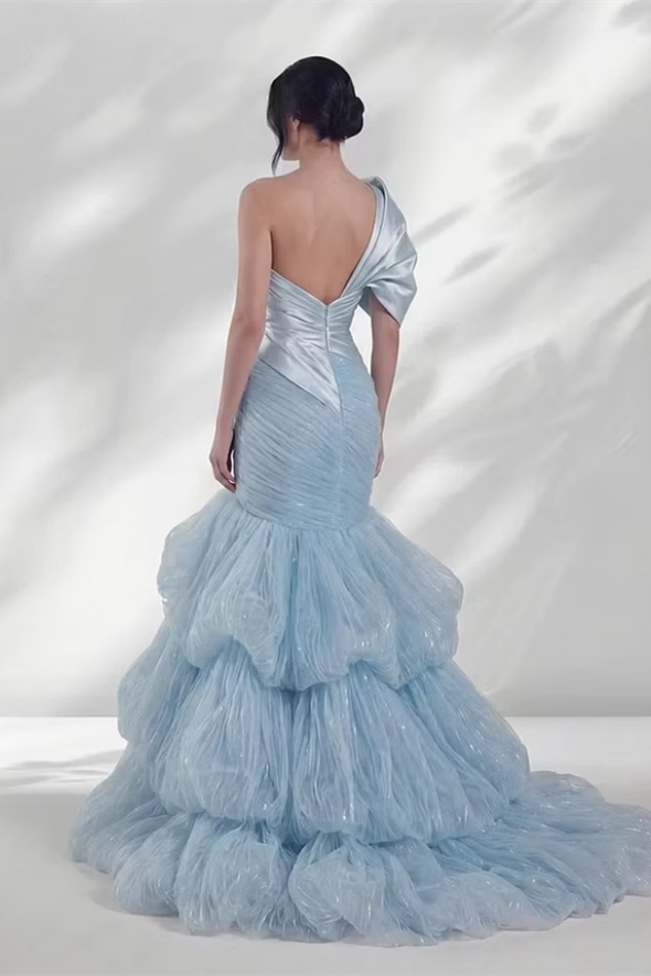 Unique Sky Blue One Shoulder Satin Wedding Dresses Column With Zipper Pleats
