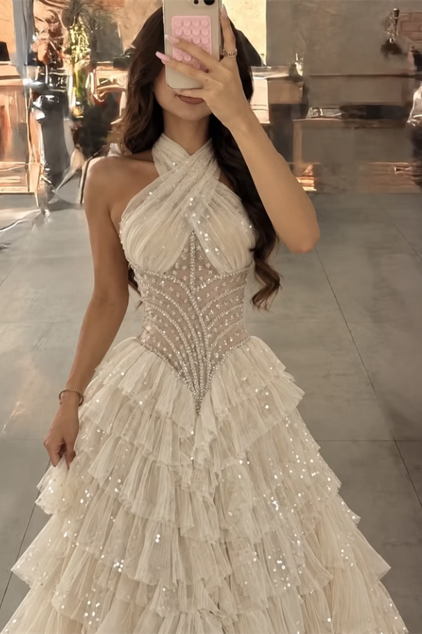 Chic Halter Sleeveless Tulle Wedding Dresses Floor Length Gem With Pleats