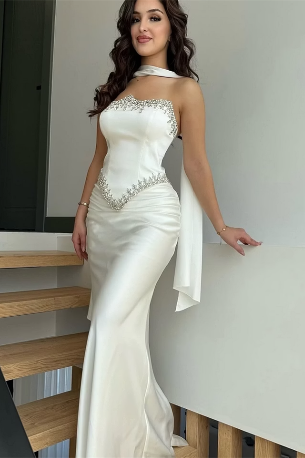 Romantic Strapless Sleeveless Satin Mermaid Wedding Dresses Sheath Gem With Pleats