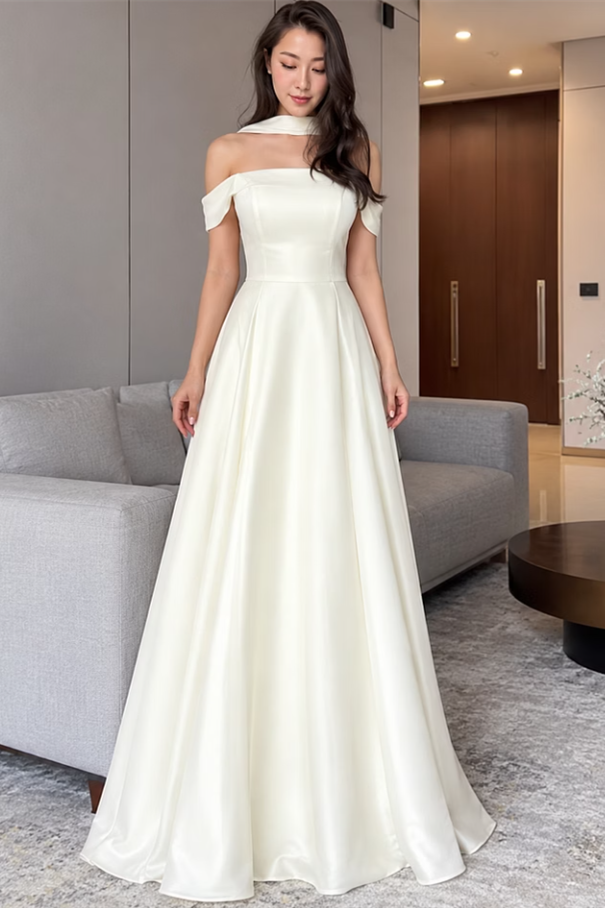 Timeless Off The Shoulder Satin A-Line Wedding Dresses Floor length With Zipper