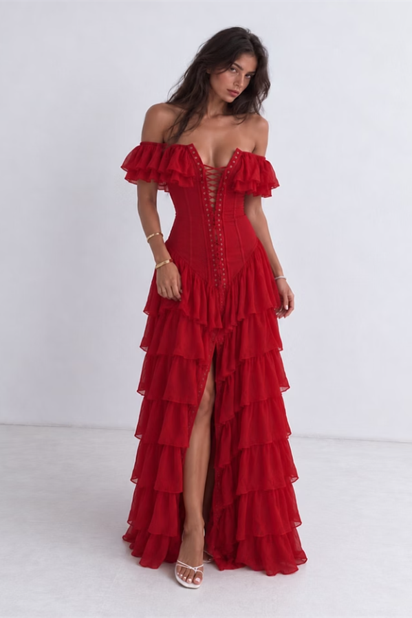 Dazzling Burgundy Off The Shoulder Chiffon Wedding Dresses High Split With Pleats