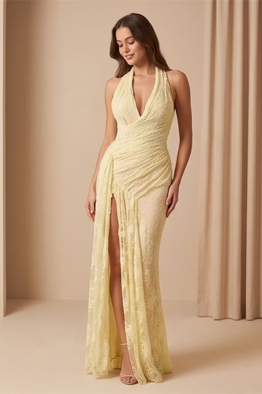 Graceful Daffodil Halter Sleeveless V-Neck Mermaid Wedding Dresses Side Split With Pleats