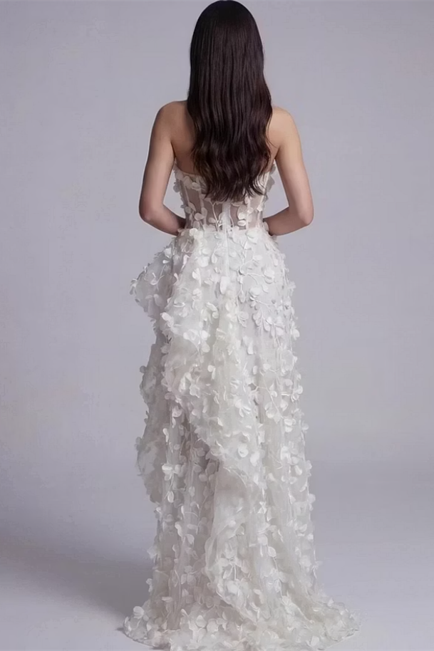Unique Strapless Sleeveless Hi-Lo Wedding Dresses Floor Length With Zipper