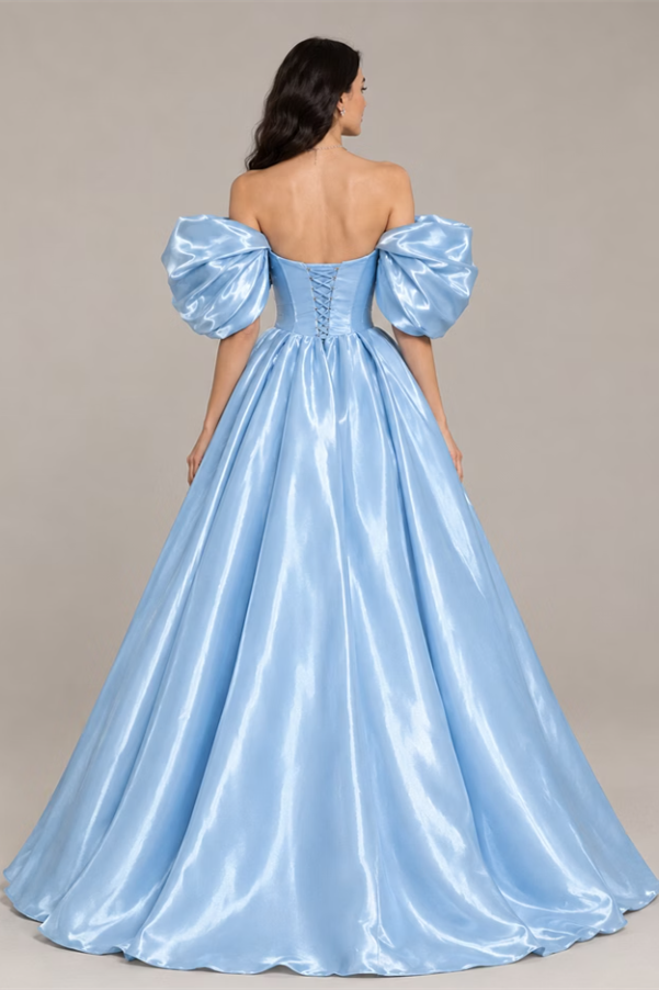 Luxurious Sky Blue Off The Shoulder Satin A-Line Wedding Dresses Floor Length With Lace-Up Back