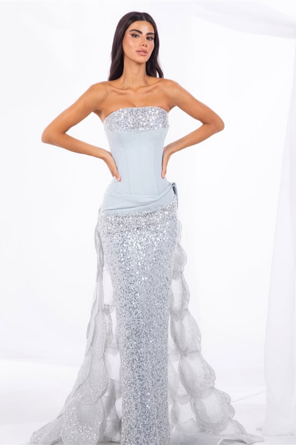Dazzling Silver Strapless Sleeveless Mermaid Wedding Dresses Column Pleats With Lace-Up Back