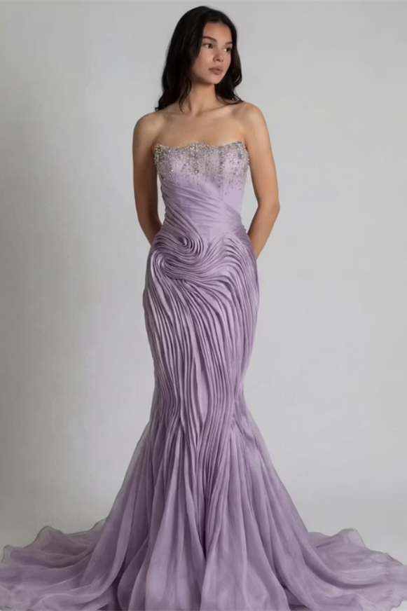 Chic Lilac Strapless Sleeveless Mermaid Wedding Dresses Gem Sheath With Zipper Pleats