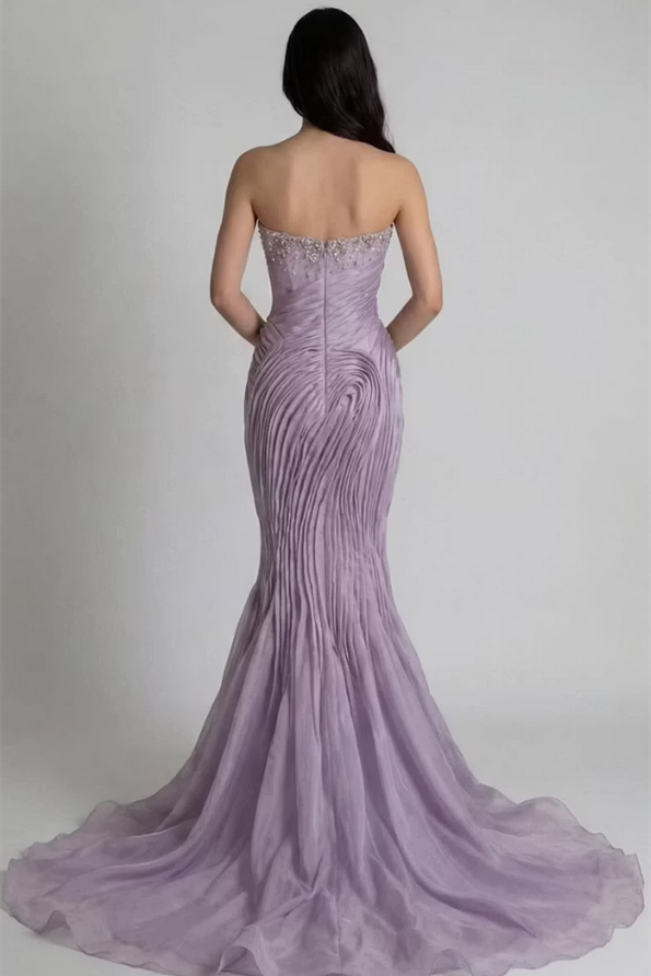 Chic Lilac Strapless Sleeveless Mermaid Wedding Dresses Gem Sheath With Zipper Pleats