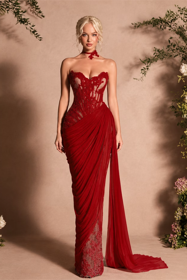 Romantic Burgundy Sweetheart Strapless Sleeveless Chiffon Lace Wedding Dresses Mermaid With Zipper