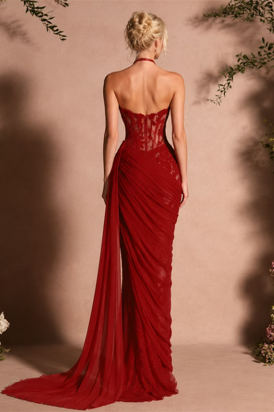 Romantic Burgundy Sweetheart Strapless Sleeveless Chiffon Lace Wedding Dresses Mermaid With Zipper
