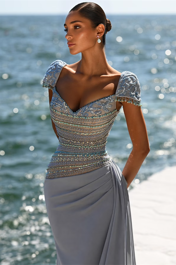 Graceful Dusty Blue Short Sleeves Mermaid Satin Wedding Dresses Beading With Pleats