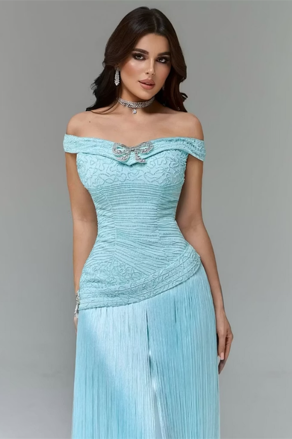 Timeless Blue Off The Shoulder Mermaid Wedding Dresses Floor Length With Tassel