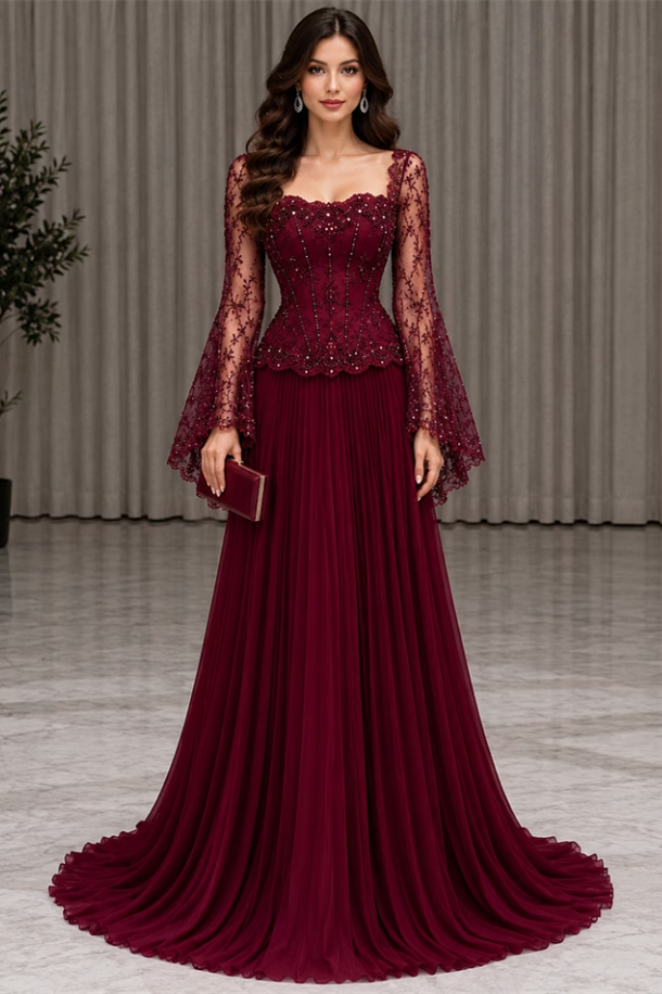 Dazzling Burgundy Long Sleeves Chiffon Wedding Dresses Floor Length Beading With Pleats Zipper