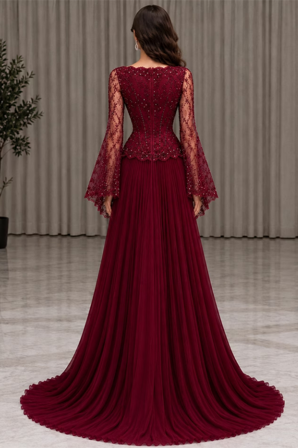 Dazzling Burgundy Long Sleeves Chiffon Wedding Dresses Floor Length Beading With Pleats Zipper