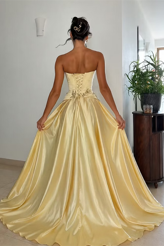 Pretty Daffodil Strapless Sleeveless Satin A-Line Wedding Dresses Floor Length Gem With Lace-Up Back