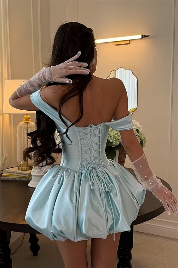 Romantic Dusty Blue Off The Shoulder Sweetheart Satin Homecoming Dresses Mini With Lace-Up Back
