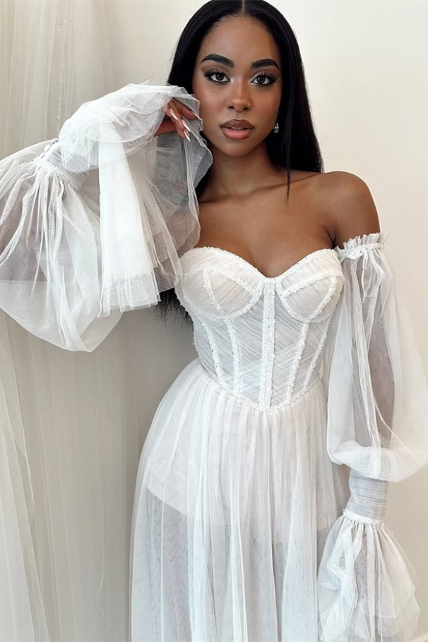 Pretty Sweetheart Strapless Wedding Dresses Side Split With Detachable Sleeves Pleats