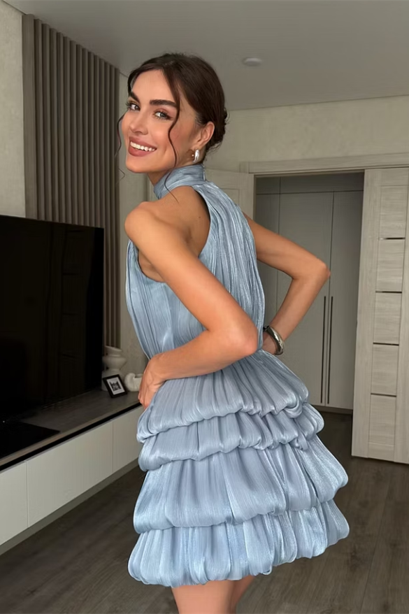 Chic Dusty Blue Halter Sleeveless Homecoming Dresses Mini With Pleats