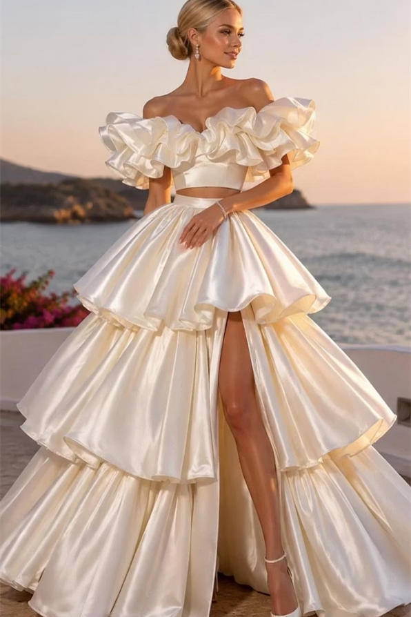 Graceful Off The Shoulder Two-Piece Satin A-Line Wedding Dresses High Split With Lace-Up Back Pleats