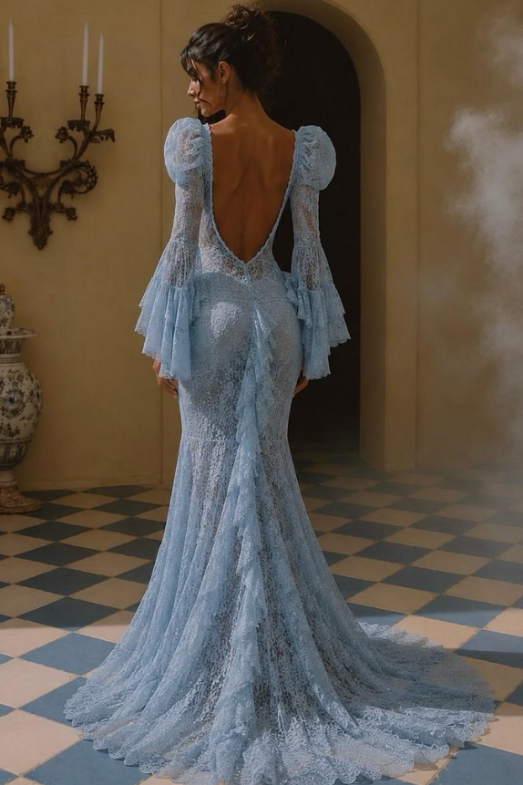 Graceful Sky Blue Long Sleeves Mermaid Lace Wedding Dresses Sheath Backless With Pleats