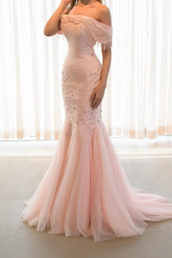 Unique Pink Off The Shoulder Mermaid Satin Tulle Wedding Dresses Column Beading With Pleats