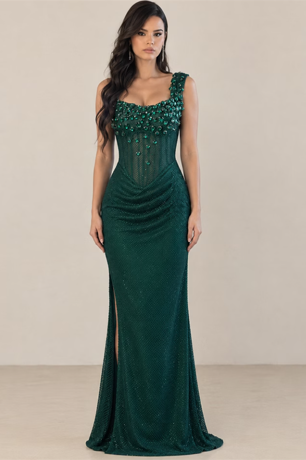 Dazzling Dark Green Straps Sleeveless Mermaid Wedding Dresses Side Split Gem With Zipper