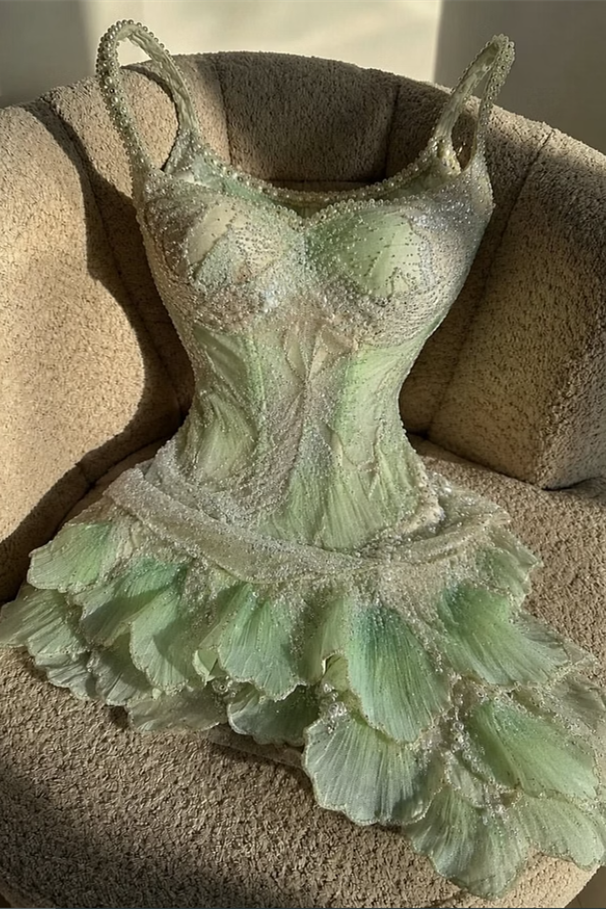 Chic Green Spaghetti-Straps Sleeveless Homecoming Dresses Mini With Pearl